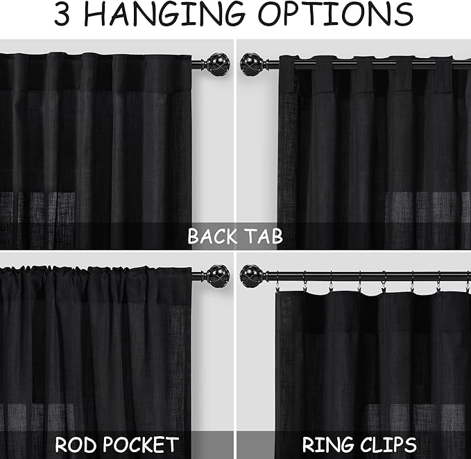 Nanspring Black Linen Curtains 30 Inch Length Short Kitchen,Privacy Linen Blend Light Filtering Panels Back Tab and Rod Pocket Cafe Drapes for Half Window 26 x 30 Inch,2 Panels