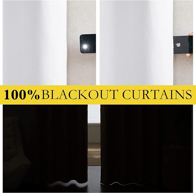 NICETOWN 100% Absolutely Blackout Linen Curtains with Thermal Insulated White Liner, White, 42 inches Wide, 72 inches Length Energy Saving Curtains for Living Room 2 Panels Set, Vertical Blinds