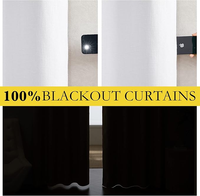 NICETOWN 100% Absolutely Blackout Linen Curtains with Thermal Insulated White Liner, White, 34 inches Wide, 48 inches Length Energy Saving Curtains for Cupboard 2 Panels Set, Vertical Blinds