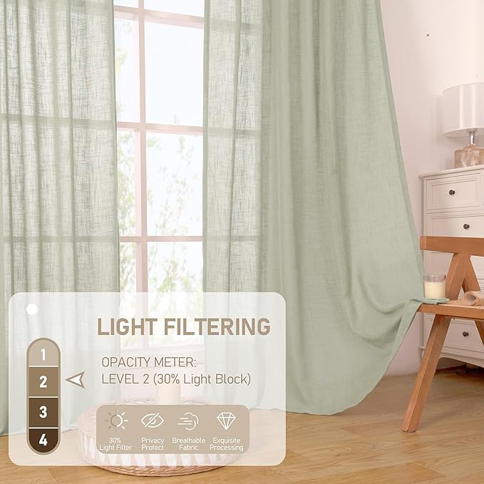 LAMIT Short Linen Curtains 40 Inch Length, Sage Grey Small Window Semi Sheer Drapes Light Filtering Bronze Grommet Neutral Panels for Cafe/Basement, 2 Panels Set, 34 x 40 Inch