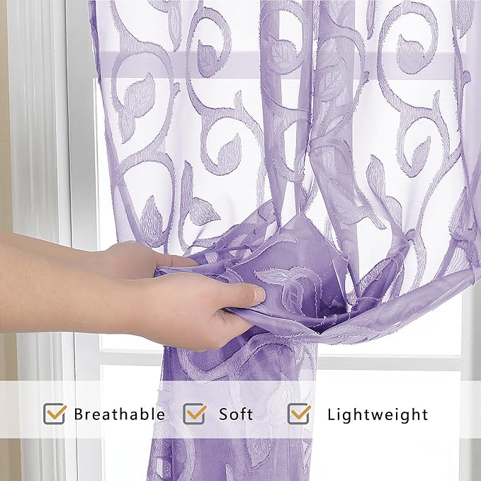 OWENIE Furman Sheer Curtains 84 inches Long for Bedroom Living Room 2 Panels Set, Light Purple Curtains Jacquard Clip Light Filtering Semi Sheer Curtain Rod Pocket Window Drapes, 2 Pcs Each 40 W 84