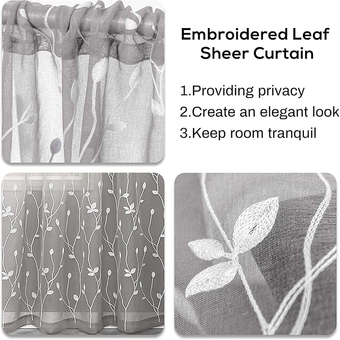 AmHoo 2 Panels Embroidered Leaf Pattern Semi Sheer Curtains Foliage Floral Voile Window Draperies Treatment for Bedroom Living Room Rod Pocket Light Gray 53 x 84 Inch