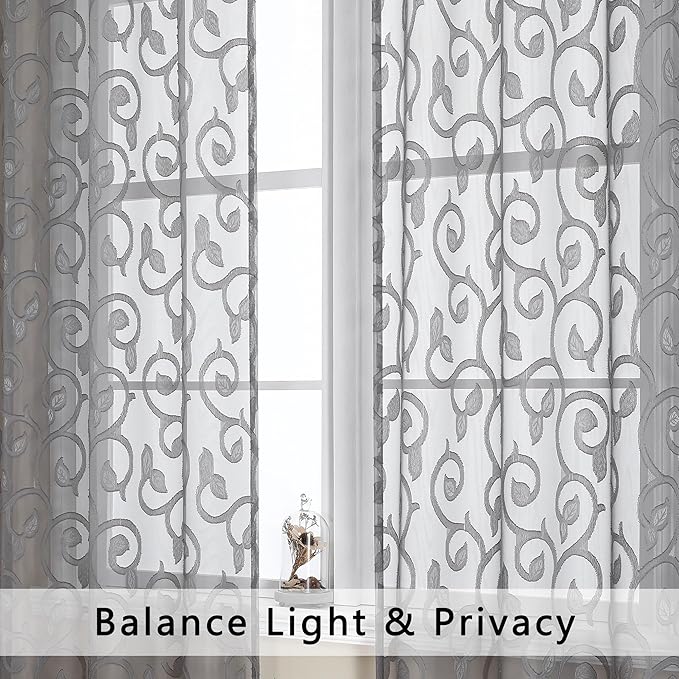 OWENIE Furman Sheer Curtains 45 Inch Long 2 Panels Set, Airy Jacquard Clip Short Voile Curtains for Kitchen Dinning Room Small Windows Bedroom Living Room, Top Dual Rod Pocket, Grey, 28Wx45L inch