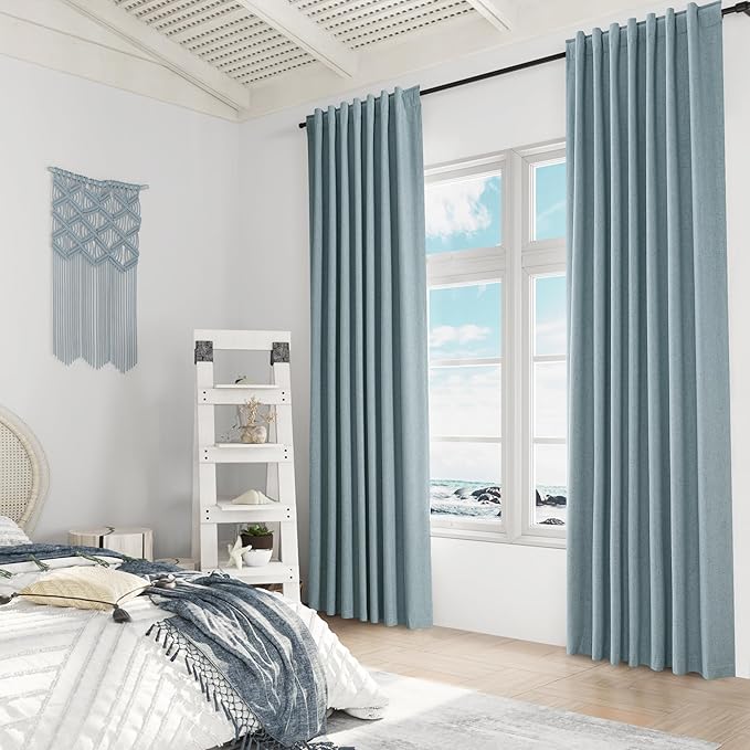 Guken Blue 100% Blackout Linen Curtains 132 Inch Length 2 Panels Set for Living Room Bedroom Back Tab Thermal Insulated Black Out Drapes Room Darkening Farmhouse Window Curtains Dusty Blue 52x132