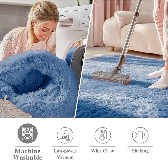 OLANLY Blue Round Rugs for Bedroom - Machine Washable, 9 ft Circle Area Rugs for Living Room, Soft and Fluffy Shaggy Carpet for Teen Girl and Boys, Nursery Rooms, Dorms, Home Decor Aesthetic