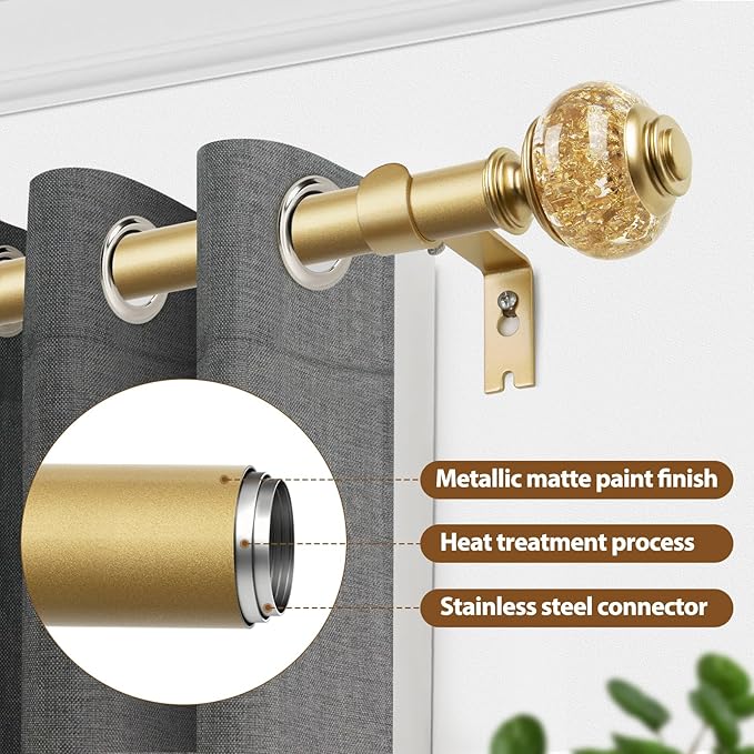 Curtain Rods 32 to 58 Inches (2.6-4.8ft), USFOOK 7/8 Inch Telescoping Splicing Drapery Rods for Windows 20 to 54 Inch, Decorative Curtain Rod for Home Decor with Luxury Gold Translucent Finials