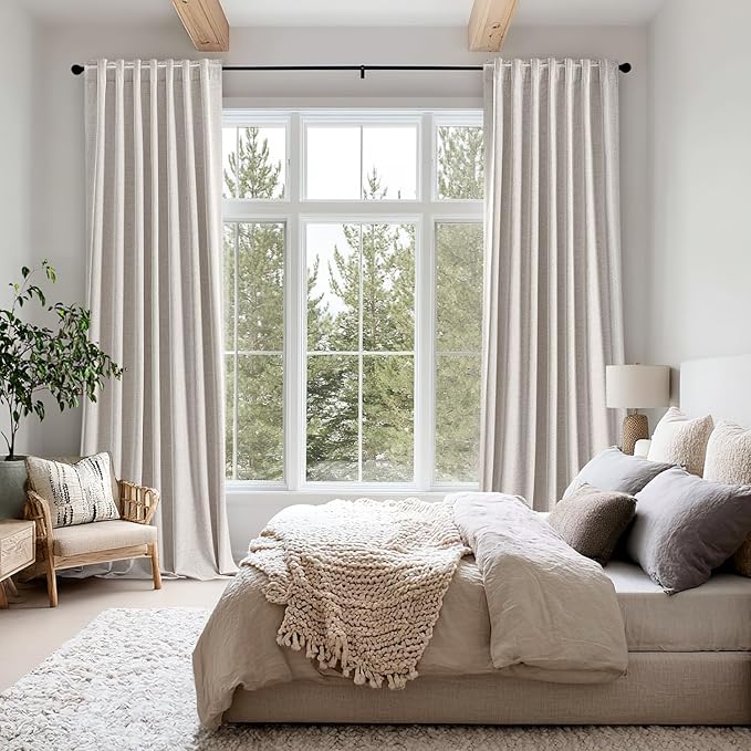 MIULEE 100% Blackout Linen Curtains for Bedroom, Ivory Solid Luxury Decor Thermal Insulation Room Darkening Drapes for Living Room Nursery Back Tab Rod Pocket 42 x 108 Inches, 2 Panels