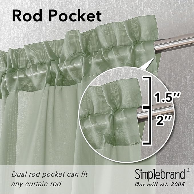 Simplebrand Sage Sheer Curtains 63 Inch Length 2 Panels, Rod Pocket Solid Color Window Sheer Curtain Panels, Elegant Curtains & Drapes for Living Room, Bedroom 2 Panels (Sage, 42" W x 63" L)