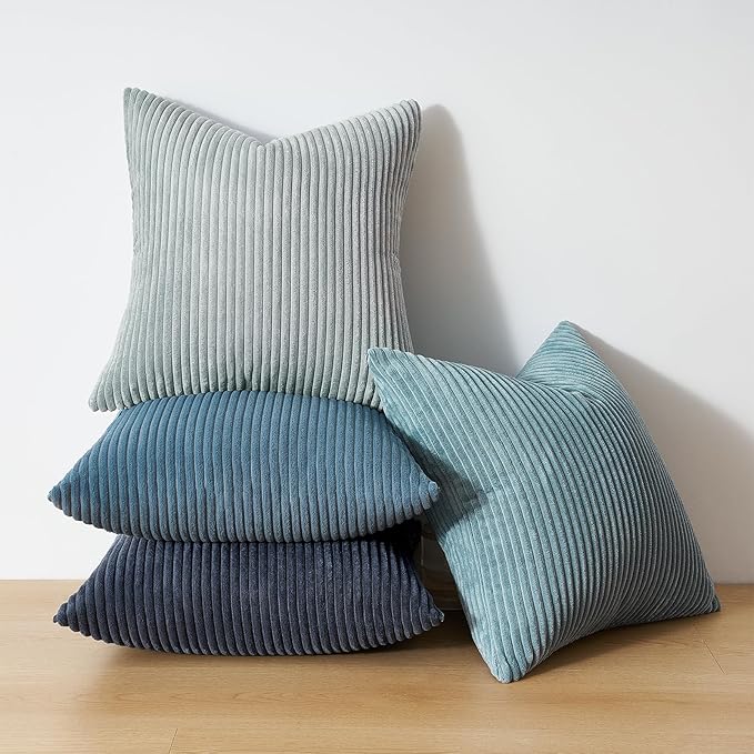 Topfinel Decorative Throw Pillow Covers Aque Teal Blue Gray Series,Summer Corduroy Striped Toss Pillows for Couch,Patio,Balcony,Children Bedroom,Modern Fluffy Blue Gradient Shams 20x20 Inch Set of 4