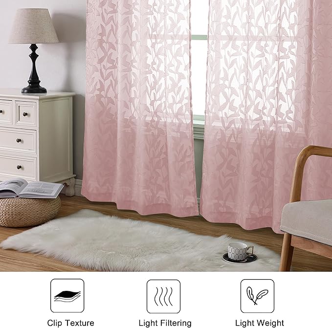 Lecloud Leia Blush Pink Sheer Curtains 90 Inches Long 2 Panels Set, Breathable Jacquard Leaves Textured Voile Semi Sheer Curtains, Farmhouse Drapes Window Treatments with Dual Rod Pocket, 38 W x 90 L
