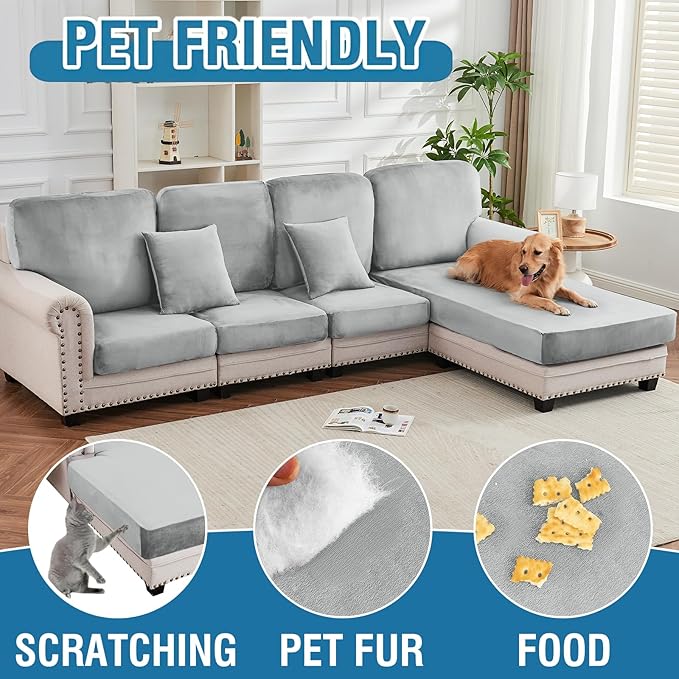 Couch Cover 6-Piece Elastic Velvet Couch Cushion Covers & Chaise Slipcovers for L-Shaped Sofas - Sofa Seat Covers Washable, Soft Protector for Couches (5 Seater + Chaise, Light Grey)