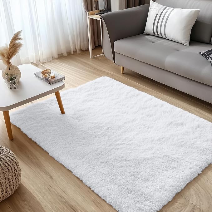 OLANLY 4x4 Machine Washable Accent Rug, Soft Fluffy Shaggy Area Rug for Bedroom, Living Room, Indoor Floor Carpet for Kids, Nursery, Home Decor, White