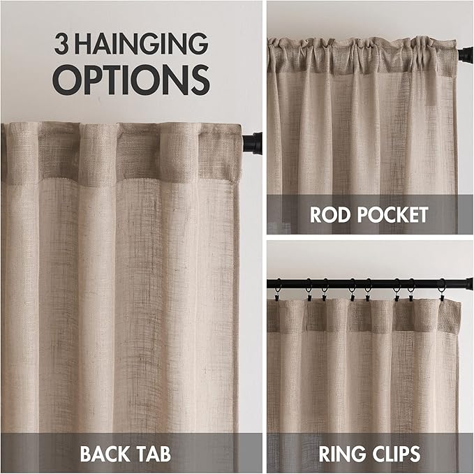 MIULEE Taupe Linen Curtains 63 Inch Length 2 Panels for Bedroom Living Room, Soft Thick Linen Textured Natural Window Drapes Semi Sheer Light Filtering Back Tab Rod Pocket Burlap Look Decor