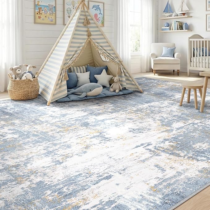 Washable Area Rugs 6'x9' Non-Slip Modern Abstract Soft for Living Room Entryway Bedroom Nursery, Print Pattern, Light Blue