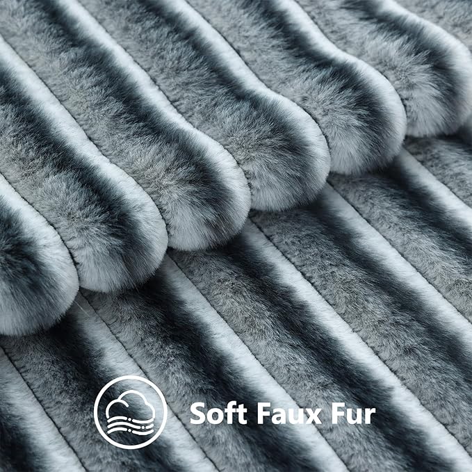 decorUhome Cozy Faux Fur Throw Pillow Covers 12x20 Set of 2 Decorative Soft Plush Striped Lumbar Modern Farmhouse Boho Couch Pillow Cases with Velvet Back for Sofa Bed Living Room, Blue Grey