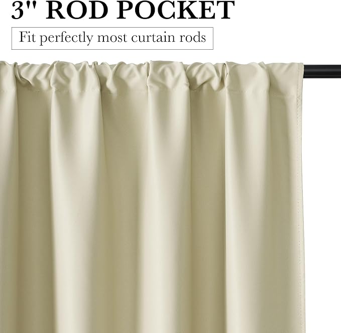RYB HOME Bedroom Blackout Curtains 72 inches Long, 100% Blackout Thermal Insulated Noise Reducing Curtains for Living Room Nursury, 34 inches Wide by 72 inches Long, Beige