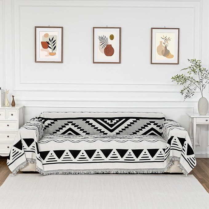 MYSKY HOME Boho Couch Cover for Dogs Washable Black Rhombic Couch Sofa Protector Cats Pets Friendly Chenille Geometric Sofa Covers Soft Durable Farmhouse Sofa Slipcovers, 71" X102"