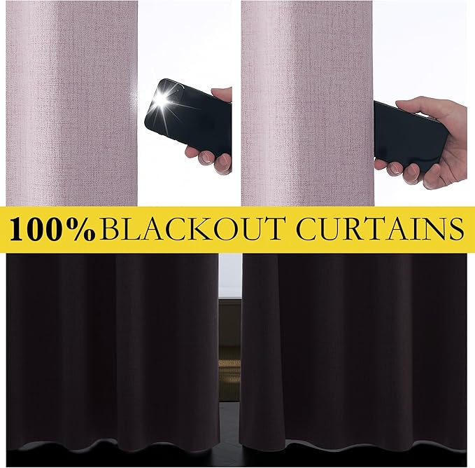NICETOWN Pink Vintage Linen 100% Blackout Curtains for Living Room, Thermal Insulated Curtains 48" Long, Noise Reducing Window Treatment Drapes for Hall Room, 52" Wide Per Panel, Set of 2