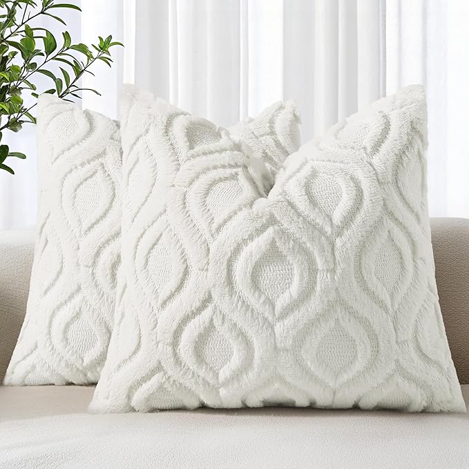 decorUhome Throw Pillow Covers 20x20 Inch Set of 2, Soft Plush Faux Wool Cream White Solid Couch Pillow Covers, Accent Farmhouse Neutral Square Pillow Cases for Sofa Bed Living Room