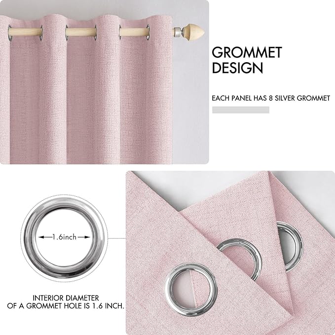 MIULEE Linen Texture Curtains for Bedroom Solid 100% Blackout Thermal Insulated Pink Curtains Grommet Room Darkening Drapes for Living Room Nursery 52x96 Inch (2 Panels)