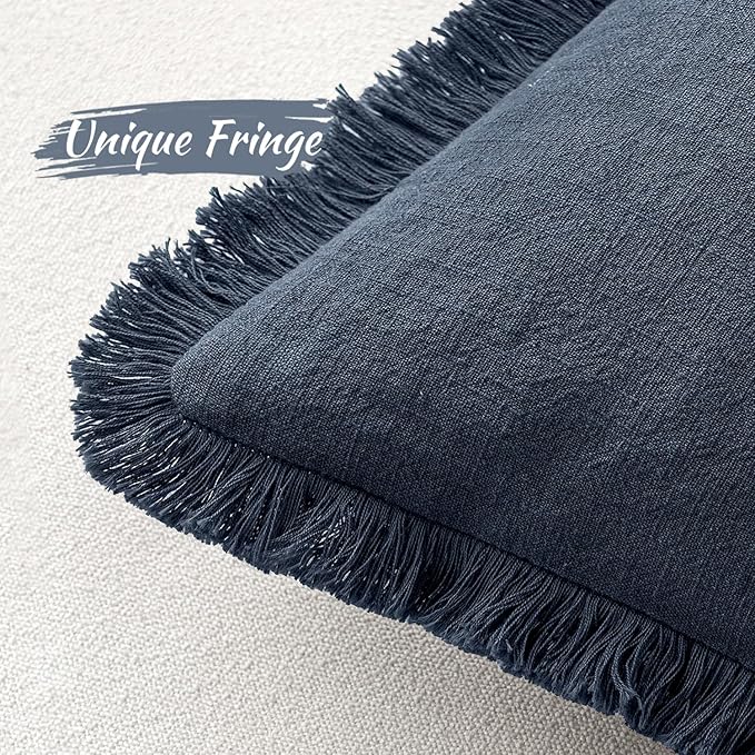 MIULEE Decorative Throw Pillow Covers Neutral Linen Fringe Throw Pillows Set of 2 Indigo Blue Boho Farmhouse Cushion Covers Coastal Decor for Couch Sofa Bed Living Room Spring Decor 18x18 Inch