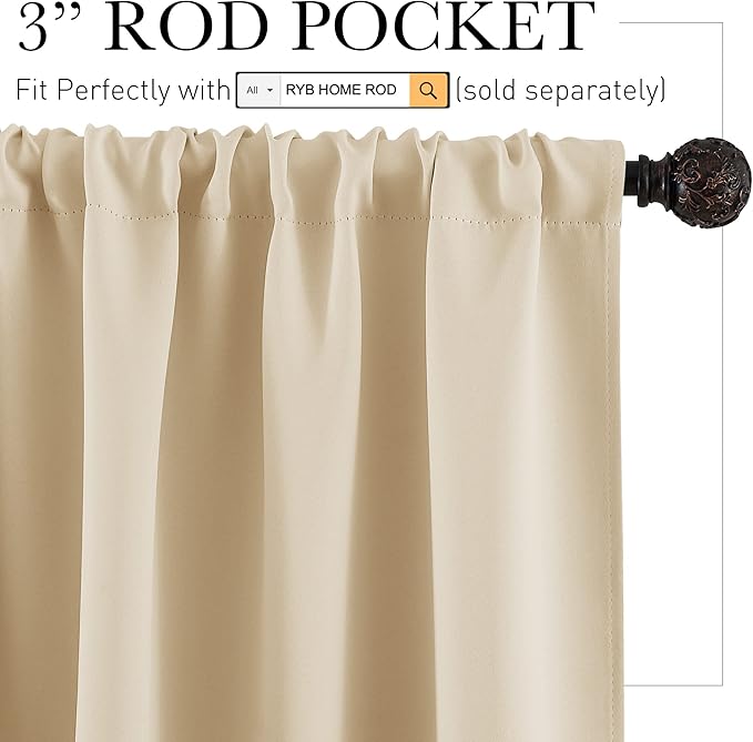 RYB HOME Short Biscotti Beige Curtains for Small Bedroom Window, Insulating UV Blocking Drapes for Kitchen Cafe Basement Garage, Privacy Tiers for Bathroom Window, Width 42 by Length 36, Set of 2