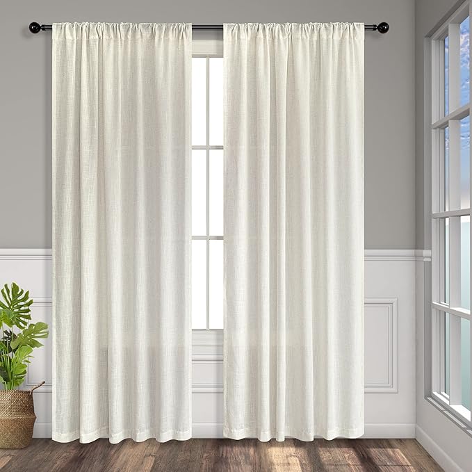 Natural Linen Curtains 54 Inch Length for Master Bedroom 2 Panels Set Back Tab Pocket Neutral Boho Light Reducing Lightweight Semi Sheer Cream Curtain for Kitchen Bathroom Boys Kids Room Sunroom 52x54