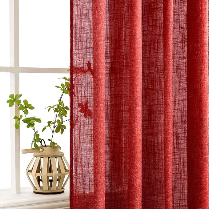 MIULEE Red Linen Curtains 90 Inch Long for Bedroom Living Room, Soft Thick Linen Textured Window Drapes Semi Sheer Light Filtering Rod Pocket Back Tab Christmas Burlap Look, 2 Panels