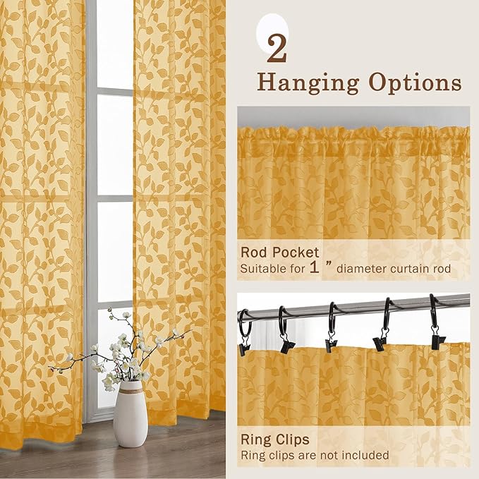 Chyhomenyc Gold Sheer Valances for Windows 14 Inch Length 2 Pcs, Light Filtering Leaf Textured Cafe Short Kitchen Curtains, Top Small Curtain for Living Room Bedroom Basement, 42" W x 14" L