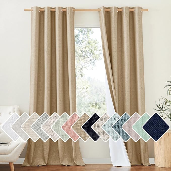 NICETOWN 100% Absolutely Blackout Linen Curtains with Thermal Insulated White Liner, Camel, W52 x L108, 2 Panels, Textured Linen Look Noise Reducing Window Treatments Drapes for Bedroom/Living Room