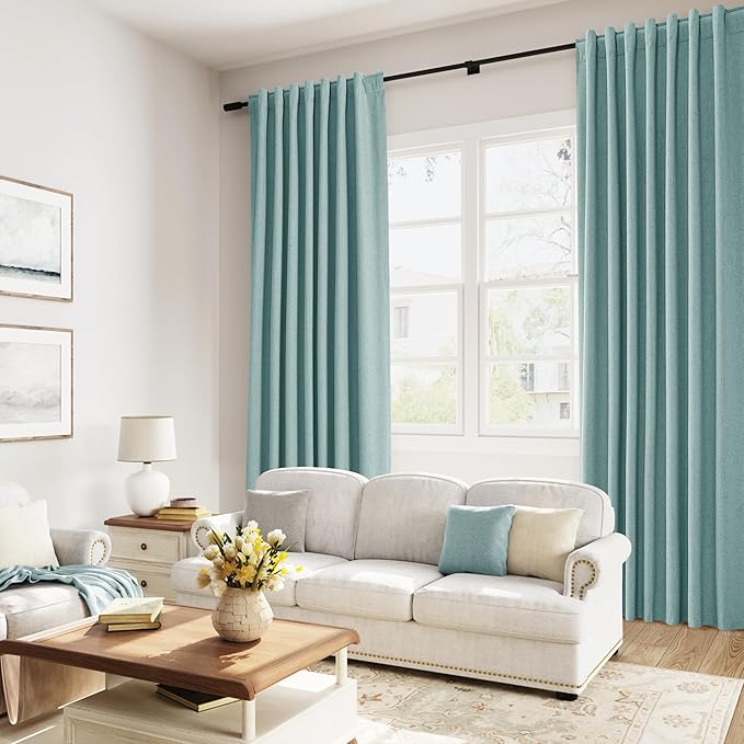 Guken Light Blue 100% Blackout Linen Curtains 108 Inch Length 2 Panels Set for Living Room Bedroom Back Tab/Rod Pocket Thermal Insulated Black Out Drapes Room Darkening Farmhouse Window Curtains