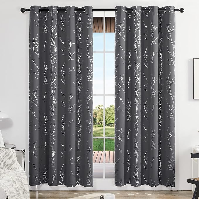Deconovo Grey Blackout Curtains, Thermal Insulated Soundproof Drapes, Silver Branch Foil Print, 52 x 95 Inch, 2 Panels, Machine‑Washable Privacy Window Panel for Living Room Bedroom Nursery Office