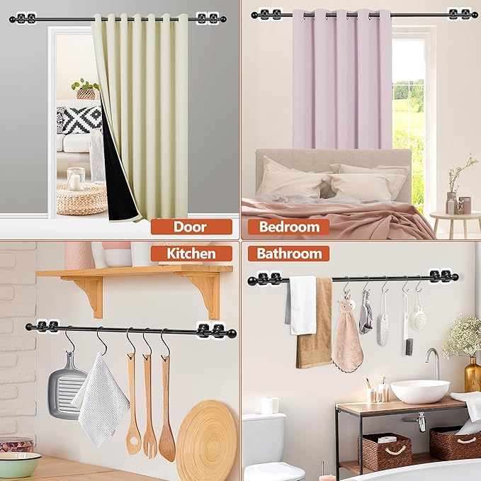 Curtain Rods No Drilling for Windows,5/8 Inch Diameter Drapey Pole with No Drill Curtain Rod Brackets (2PCS Black, 30 to 45")
