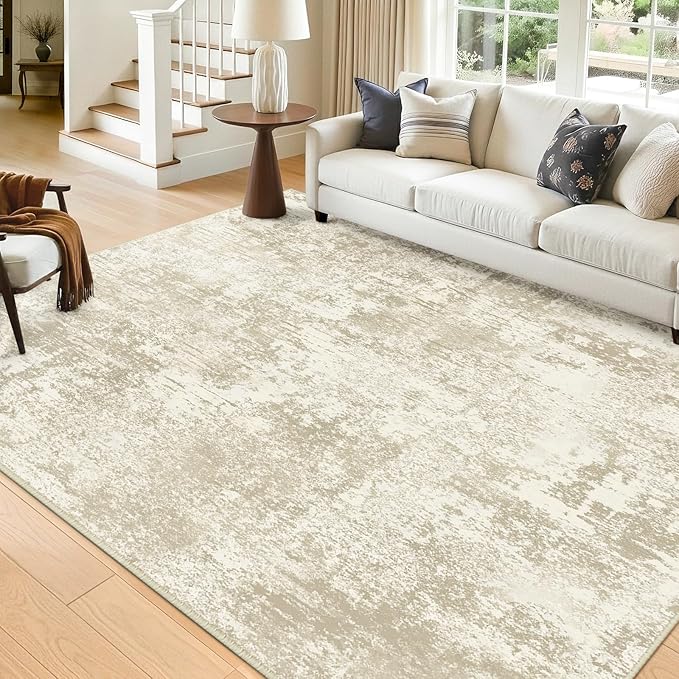Washable Area Rugs 9'x12' Non-Slip Modern Abstract Soft for Living Room Entryway Bedroom Nursery, Print Pattern, Beige Cream Brown