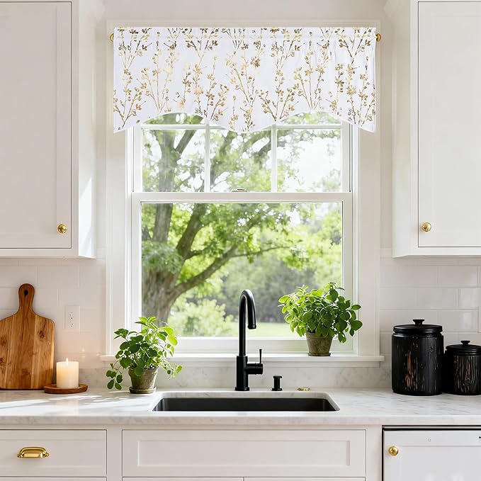 NICETOWN White Blackout Floral Kitchen Valances for Windows, Gold Foil Flower Shadow Printed Scalloped Drapes 18 Inch Length with Rod Pocket for Bathroom, W42×L18, 1 Panel
