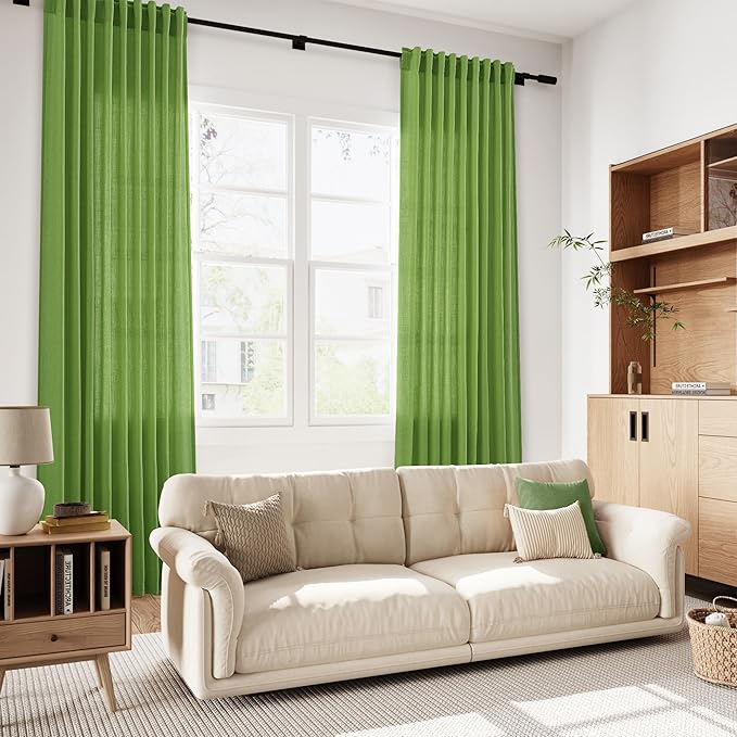 Nanspring Lime Green Linen Blend Light Filtering Back Tab Curtains 108 Inches Long, Semi Sheer Privacy Drapes for Living Room & Bedroom, 52x108 inch, 2 Panels