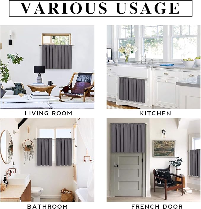 RYB HOME Cafe Blackout Curtains 24 inch Length, RV Curtains for Camper Windows, Mini Short Small Insulating Light UV Heat Blocking Privacy Half Window Tiers, Width 29 by Length 24, Grey, 2 Panels