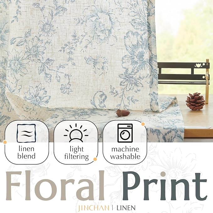 jinchan Linen Floral Curtains 84 Inch Length for Living Room Bedroom Light Filtering Farmhouse Peony Flower Drapes Rustic Window Curtain Set Rod Pocket Back Tab 2 Panels Blue