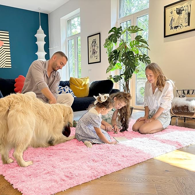 OLANLY 3x5 Machine Washable Small Bedside Rug, Soft Fluffy Shaggy Rugs for Living Room, Bedroom, Indoor Floor Carpet for Kids Girls and Boys, Preppy Dorms, Nursery, Home Decor Aesthetic, Pink