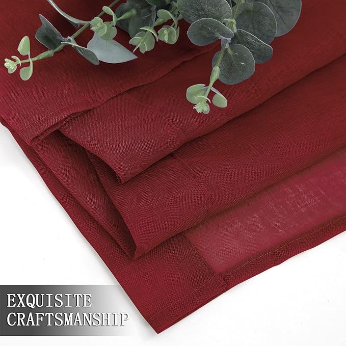 Tollpiz Short Sheer Curtain Living Room Linen Textured Curtains Sheer Light Filtering Voile Rod Pocket Curtain for Bedroom, 38 x 54 inches Long, Burgundy Red, Set of 2 Panels