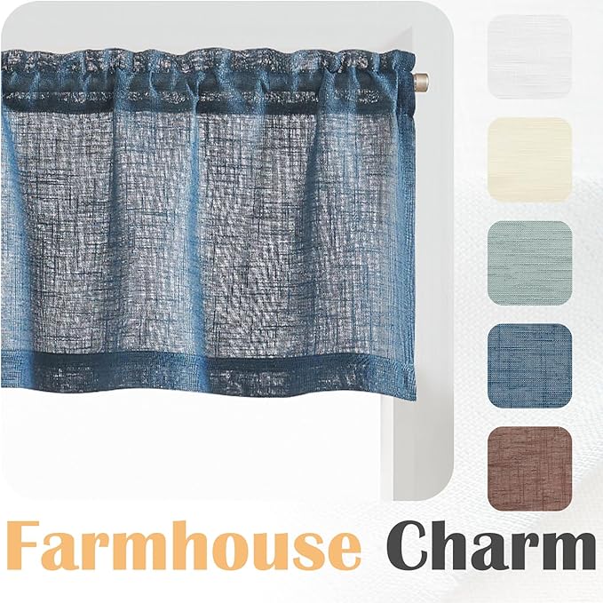 jinchan Sheer Valance Curtain Linen Textured Valance for Kitchen Living Room Bedroom Voile Window Light Filtering Farmhouse Country Rod Pocket 1 Panel 16 Inch Length Navy Blue