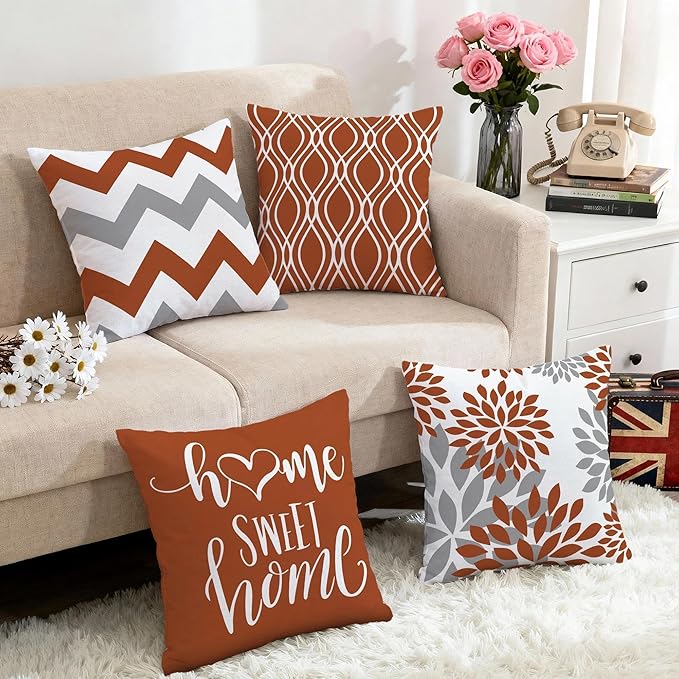 Hexagram Geometric Burnt Orange Pillow Covers 16x16 Set of 4, Decorative Outdoor Boho Modern Throw Pillow Covers, Home Sweet Home Farmhouse Cushion Case for Couch Sofa Bedroom Indoor Decor(No Insert)