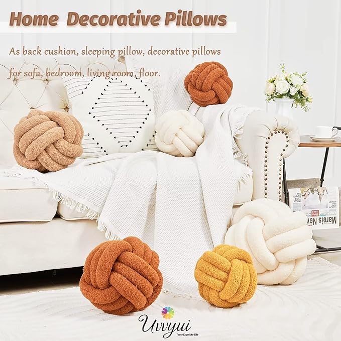 Uvvyui Knot Pillow Ball, Soft Home Decorative Pillows, Round Throw Pillow, Handmade Knotted Plush Pillow, Round Boucle Pillow Cushion (14 Inches Khaki)