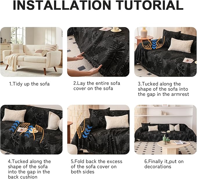 HANDONTIME Washable Couch Covers for Sofa Boho Couch Covers for 3 Cushion Sofa Pet Friendly Black Chenille Jacquard Couch Protector for Dogs Plant Branch Sectional Cover Sofa Slipcovers, 71" X 118"
