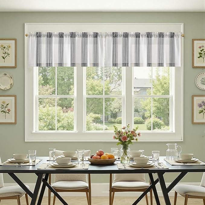 jinchan Striped Linen Valance Curtain 16 Inch Vertical Striped Valance for Kitchen Bathroom Light Filtering Rod Pocket Cottagecore Farmhouse Semi Sheer Short Window Curtain 1 Panel Black