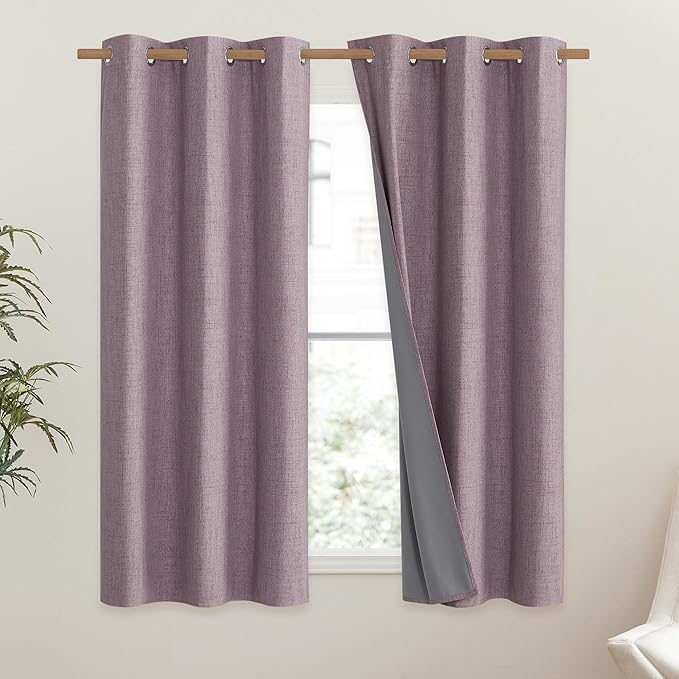 NICETOWN Chaise Mauve Vintage Linen 100% Blackout Curtains for Dining Room, Thermal Insulated Curtains 45" Long, Noise Reducing Window Treatment Drapes for Kitchen, 42" Wide Per Panel, Set of 2
