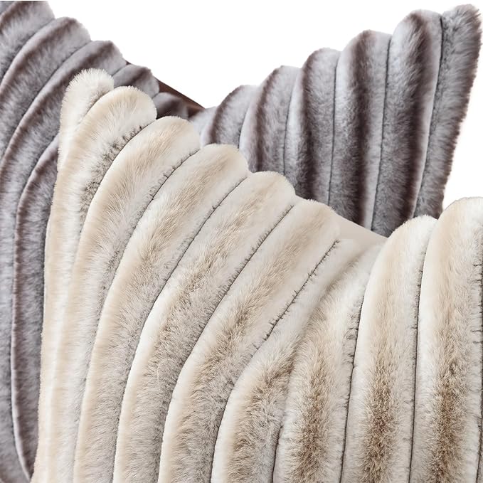 decorUhome Cozy Faux Fur Throw Pillow Covers 26x26 Set of 2 Decorative Soft Plush Striped Modern Farmhouse Boho Couch Euro Sham Pillow Cases with Velvet Back for Sofa Bed Living Room, Brown White