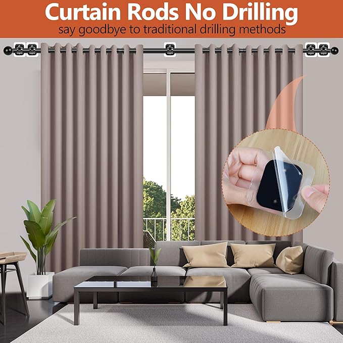 Curtain Rods No Drilling for Windows,5/8 Inch Diameter Drapey Pole with No Drill Curtain Rod Brackets (2PCS Black, 48 to 84")