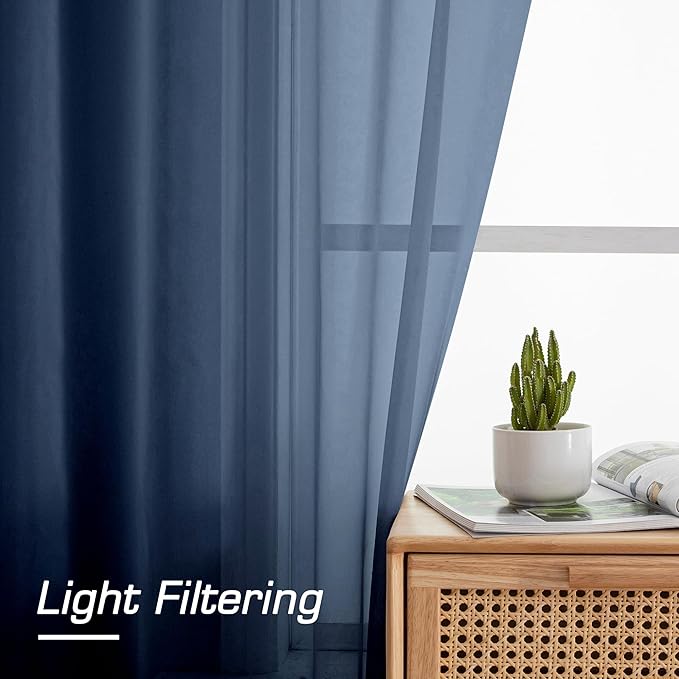 Simplebrand Blue Sheer Curtains 96 Inches Long, Light Filtering Rod Pocket Solid Color Window Sheer Curtain Panels, Elegant Curtains & Drapes for Bedroom 2 Panels (Navy Blue, 42" W x 96" L)