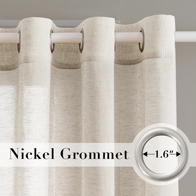 H.VERSAILTEX Curtains 96 inches Long Linen Curtains/Natural Linen Blended Sheer Curtain/Panels/Drapes for Living Room, Home Decorative Privacy Window Treatment Nickel Grommets, Natural